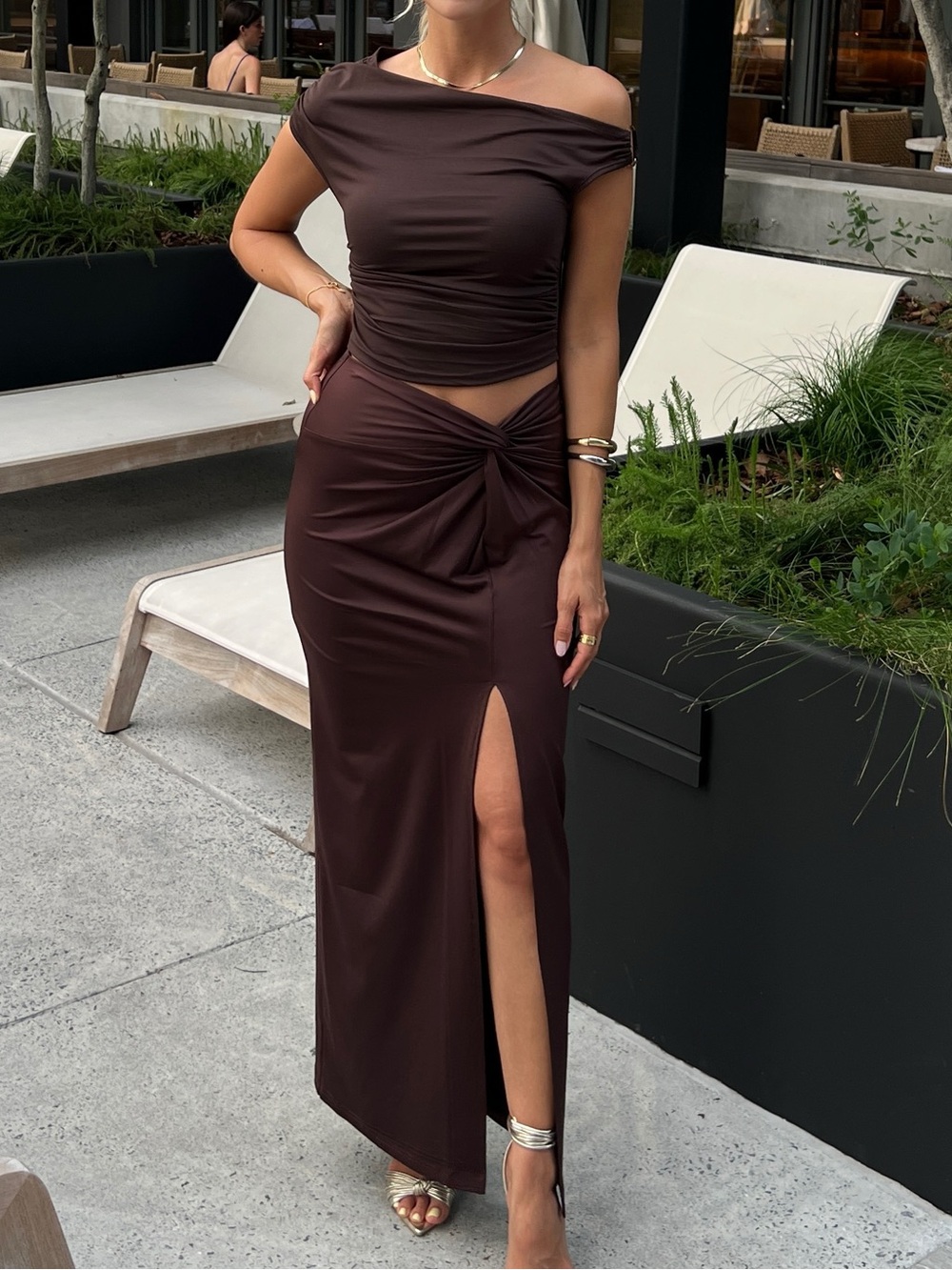 ASOS DESIGN slinky twist off the shoulder top and maxi skirt - Shoulder Maxi
